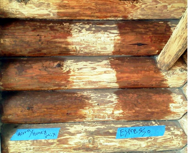wood logs with two different stripes of stain across them, each labeled.